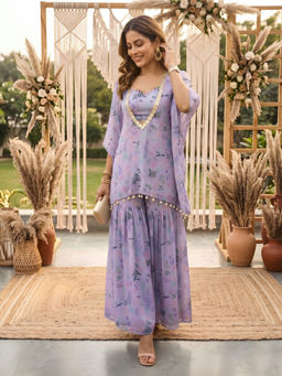 Label Kanupriya - Purple Lilac Aquatic Print Crop Top and Kaftan with Sharara