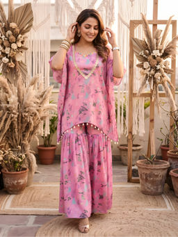 Label Kanupriya - Pink Aquatic Print Crop Top and Kaftan with Sharara