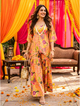 Label Kanupriya - Yellow Kitschy Crop Top and Kaftan with Sharara