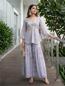 Label Kanupriya - Cerulean Blue Geometric Print Kurti with Crop Top and Sharara