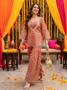 Label Kanupriya - Brick Red Geometric Print Kurti and Crop Top with Sharara