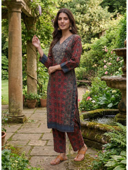 Lakshita - Maroon Traditional Printed Viscose Kurta with Pant