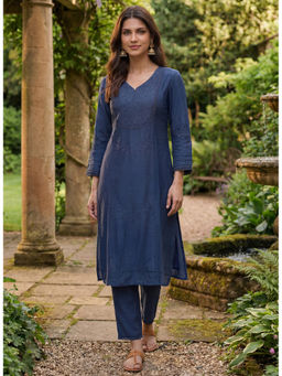 Lakshita - Blue Self Embroidered V-neck Straight Long Kurta with Pant