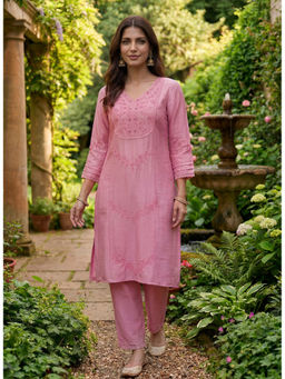 Lakshita - Pink Self Embroidered V-neck Straight Long Kurta with Pant