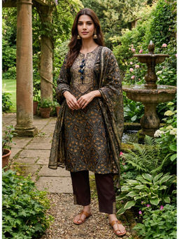 Lakshita - Brown Traditional Printed Straight Kurta with Pant and Dupatta