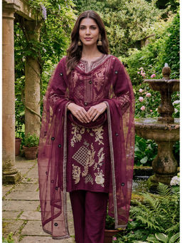 Lakshita - Wine Floral Embroidered Kurta with Pant and Dupatta