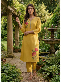 Lakshita - Yellow Embroidered Cotton Linen Long Kurta with Pant