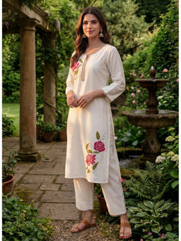 Lakshita - White Embroidered Cotton Linen Long Kurta with Pant