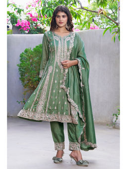 Miss Ethnik - Green Vichitra Silk Embroidered Kurta with salwar and Dupatta