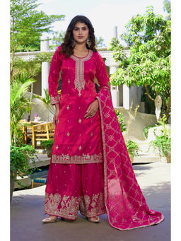 Miss Ethnik - Pink Organza Embroidered Kurta with Palazzo and Dupatta