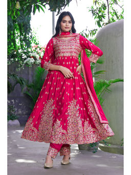 Miss Ethnik - Pink Chinon Embroidered Kurta with Salwar and Dupatta