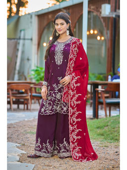 Miss Ethnik - Purple Fendy Silk Embroidered Kurta with Palazzo and Dupatta