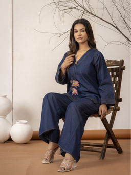 JAIPUR SARAI - Blue Cotton Solid Denim Co-ord Set