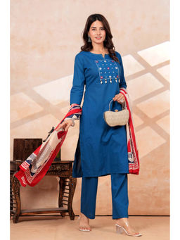 JAIPUR SARAI - Blue Cotton Embroidered Mirror Work Kurta and Pant with Dupatta