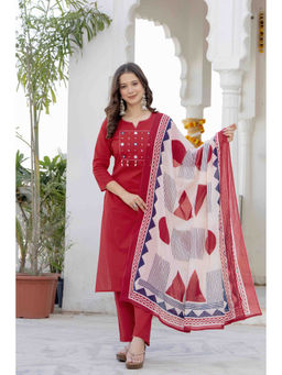 JAIPUR SARAI - Red Cotton Embroidered Mirror Work Kurta and Pant with Dupatta