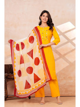 JAIPUR SARAI - Yellow Cotton Embroidered Mirror Work Kurta and Pant with Dupatta
