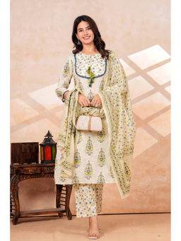 JAIPUR SARAI - Cream Cotton Embroidered Kurta and Pant with Dupatta