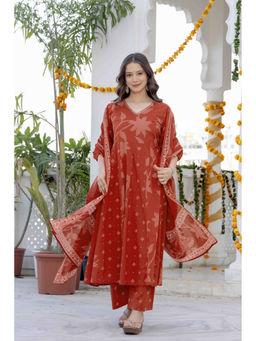 JAIPUR SARAI - Rust Cotton Floral Kurta and Pant with Dupatta