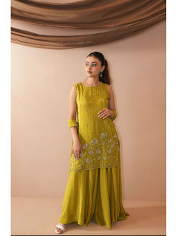 THE52 - Green Beads Embroidered Crepe Straight Kurta with Sharara and Dupatta