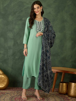 THE52 - Women's Thread Work Straight Kurta with Pant and Dupatta
