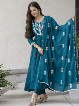 THE52 - Turquoise Embroidery Chinon Flared Anarkali Kurta with Pant and Dupatta