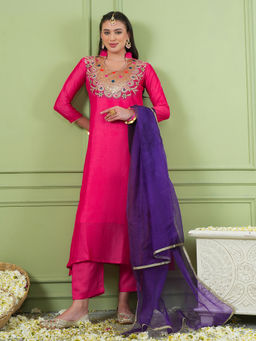 THE52 - Women's Beautiful Pink Embroidered Kurta with Pant and Dupatta