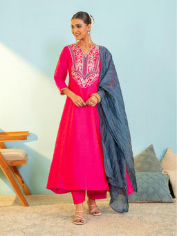 THE52 - Pink Embroidered Silk Anarkali Kurta with Pant and Dupatta
