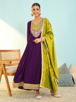 THE52 - Wine Embroidery Vichitra Silk Flared Anarkali Kurta with Pant and Dupatta