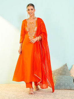 THE52 - Women's Embroidery Orange Flared Anarkali Kurta with Pant and Dupatta