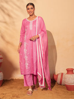 THE52 - Pink Women's Thread Work Straight Kurta with Pant and Dupatta