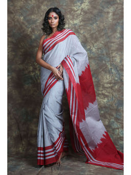 Arhi - Silver Blended Cotton Handwoven Soft Saree With Stripe Border & Pallu with Unstitched