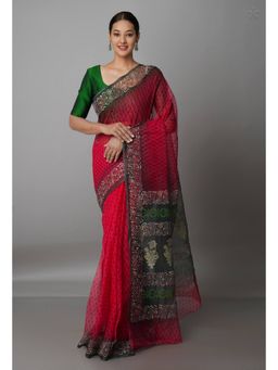 Unnati Silks - Red Pure Block Printed Kota Cotton Saree with Unstitched Blouse