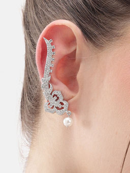 Nuyug - Rhodium Plated Curl American Diamond Ear cuffs
