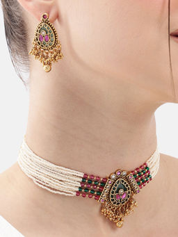 Nuyug - Gold Plated Aabha Pearl String jewelry Set