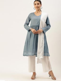Shaily - Women Grey & White Ethnic Solid Flared Kurta Set (set Of 3)