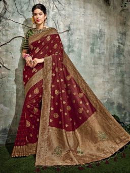 Odette - Maroon Weaved Silk Designer Saree with Unstitched Blouse