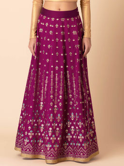 Indya - Purple Floral Foil Print Kalidar Lehenga Skirt
