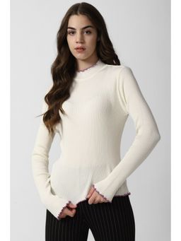Van Heusen - Women Cream Solid Casual Stylized Neck Sweater