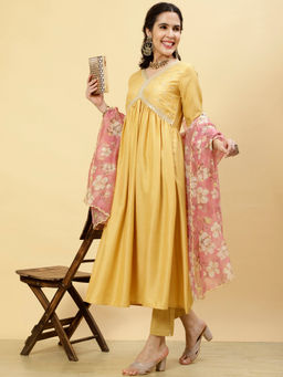 Jaipur Kurti - Yellow Art Silk Flared Kurta with Floral Printed Organza Dupatta (Set of 2)