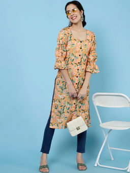 Jaipur Kurti - Yellow Floral Printed Rayon Straight Kurta