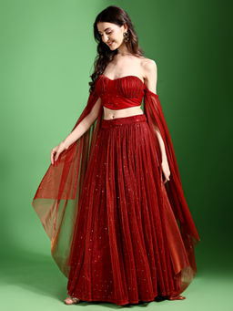PURVAJA - Red Lycra Party Wear Stitched Lehenga and Unstitched Blouse with Dupatta