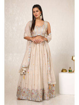 Soch - Beige Chinon Blend Embroidered Ghagra Choli with Dupatta (Set of 3)