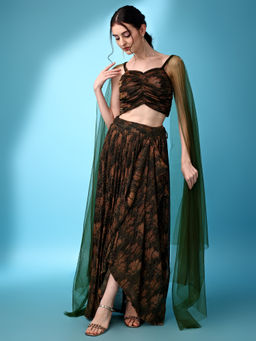 PURVAJA - Green Lycra Crush Party Wear Stitched Lehenga and Unstitched Blouse with Dupatta