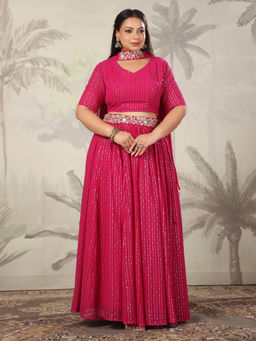 Janasya - Pink Georgette Foil Printed Gathered Embellished Lehenga Choli with Dupatta (Set of 3)
