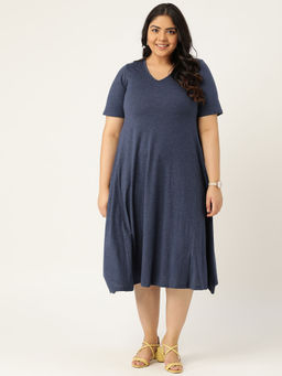 theRebelinme - Women's Melange Blue Solid Color V-neck Cotton A-line Dress