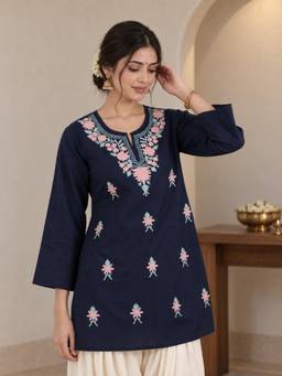 QAZMI - Women's Aari Embroidered Pure Cotton Short Kurta