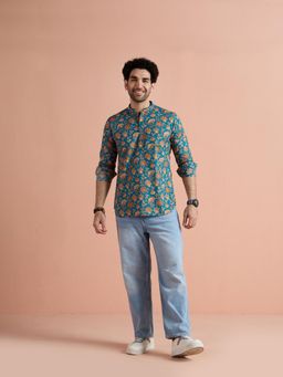 KISAH - Teal Floral Full Sleeves Kurta