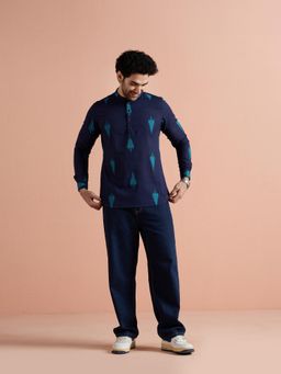 KISAH - Navy Blue Printed Full Sleeves Kurta