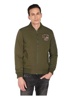 U.S. Polo Assn. Denim Co. - Men Olive Stand Collar Brand Polyester Bomber Jacket