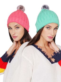 Bharatasya - Pink and Turquoise Ultra Soft Ribbed Pom-Pom Winter Cap (Set of 2)